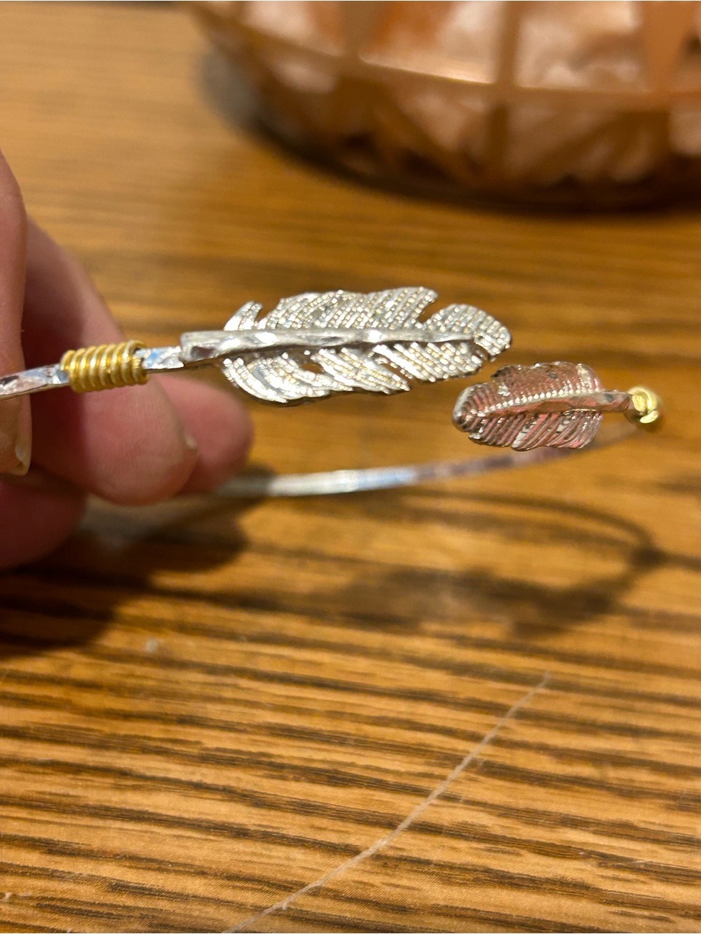 Sterling Silver Feather Bangle Bracelet with Gold Accents - Silver